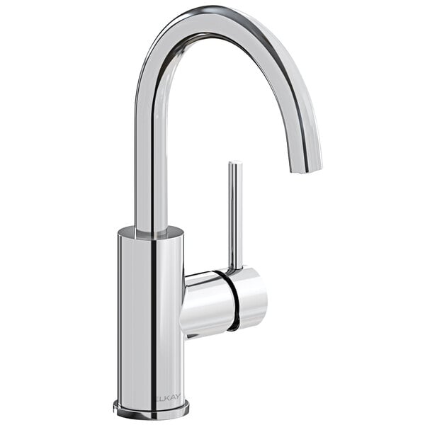 An Elkay deck-mount chrome bar faucet with a gooseneck spout and lever handle.