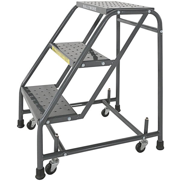 A Ballymore metal 3-step ladder with wheels.