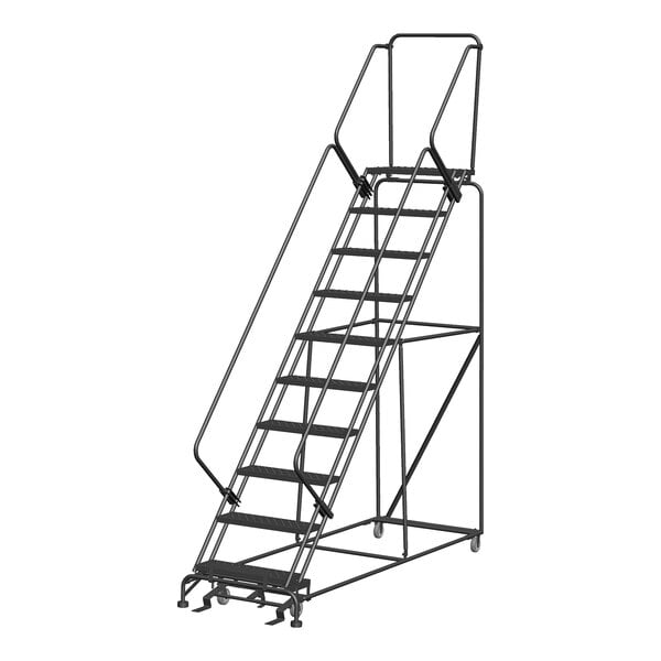 A gray steel Ballymore rolling ladder with metal bars and steps.