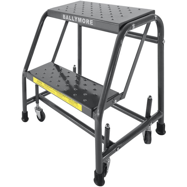 A black metal Ballymore 2-step rolling ladder.
