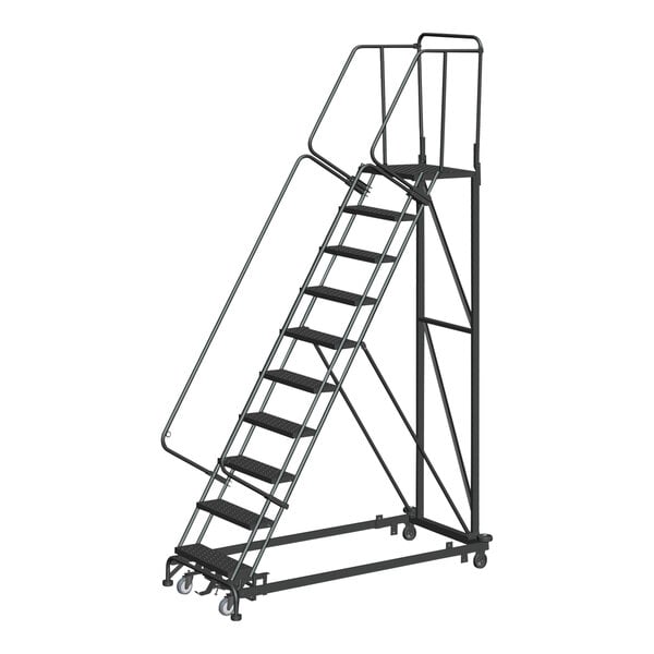 A gray steel Ballymore Monster Line rolling ladder with metal bars.