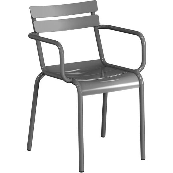 A Lancaster Table & Seating matte gray aluminum arm chair.