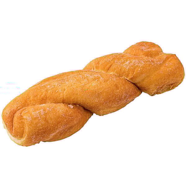 A close up of a twisted yeast donut.