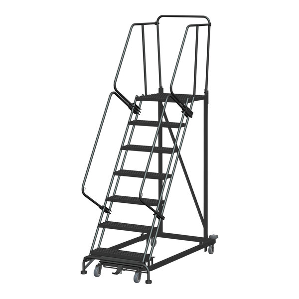 A gray steel Ballymore Monster Line rolling safety ladder with metal bars.