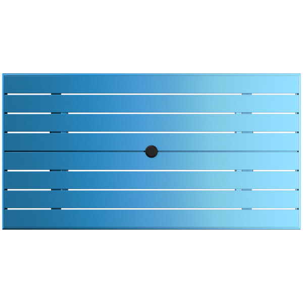 A blue rectangular outdoor table with a black umbrella hole.