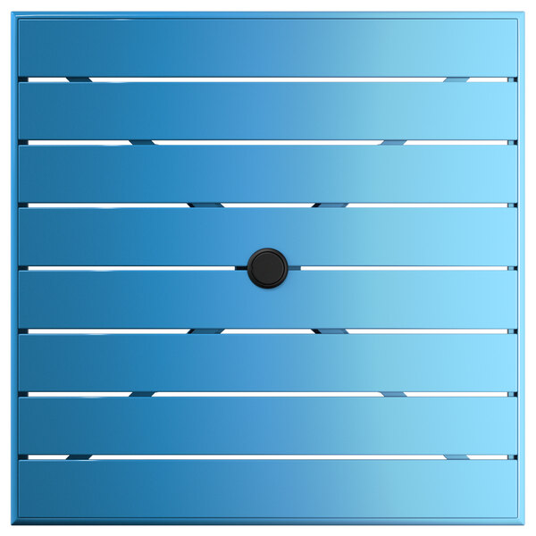 A blue square outdoor table with a black umbrella hole.