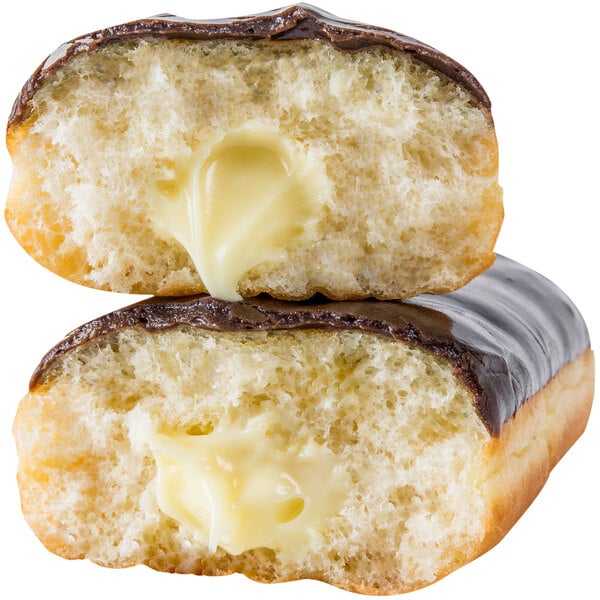 A Rich's unfilled long john yeast donut with chocolate and butter on top.
