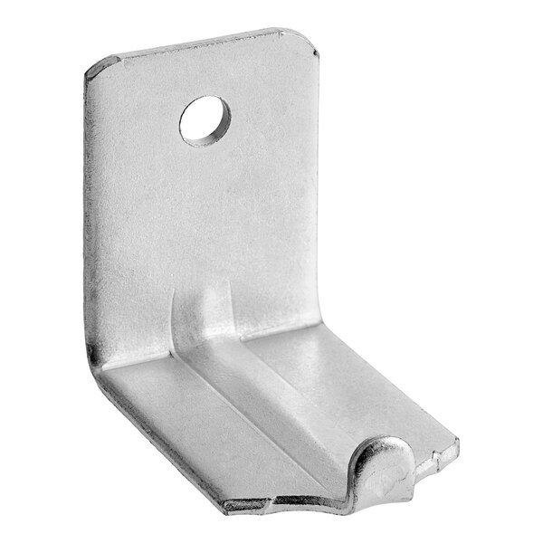 A metal bracket with a hole in the middle.