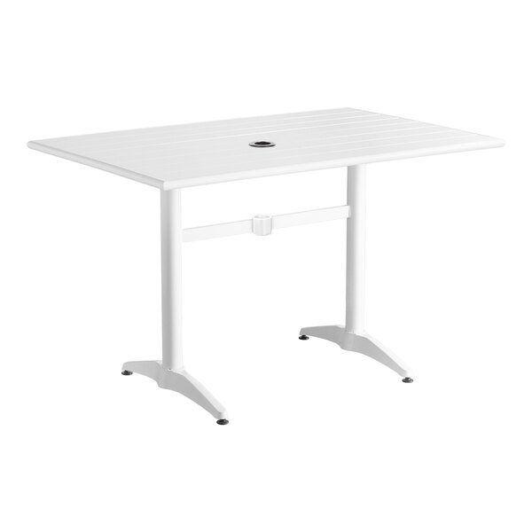 A white rectangular Lancaster Table & Seating dining table with metal legs.