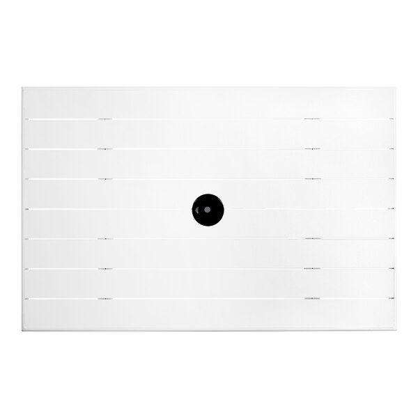 A white rectangular outdoor table with a black umbrella hole.