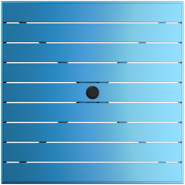 A blue square table with a black umbrella hole.