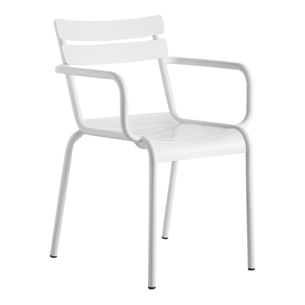 A white outdoor chair with arms.