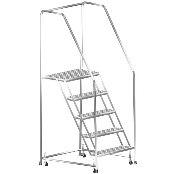 A Ballymore stainless steel rolling ladder with handrails, wheels, and metal frame.