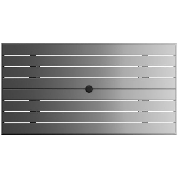 A rectangular matte gray aluminum table with a black umbrella hole.