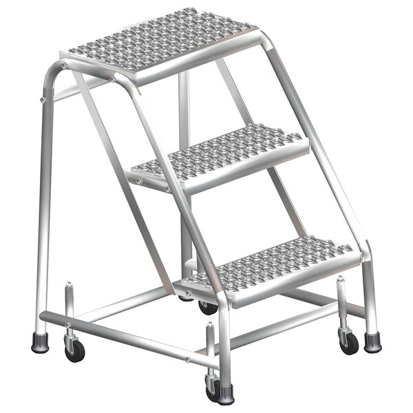 A Ballymore stainless steel rolling step ladder with 3 steps and wheels.