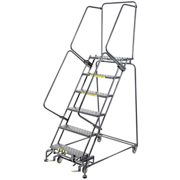 A Ballymore gray steel rolling ladder with handrails and metal bars.