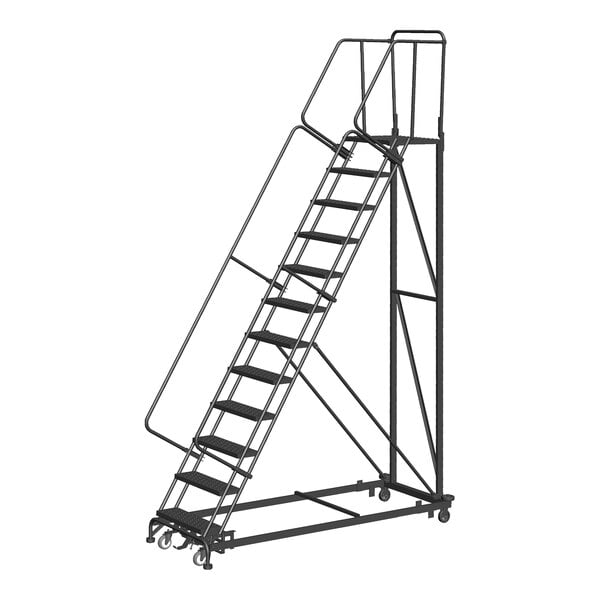 A gray steel Ballymore Monster Line rolling ladder with wheels.