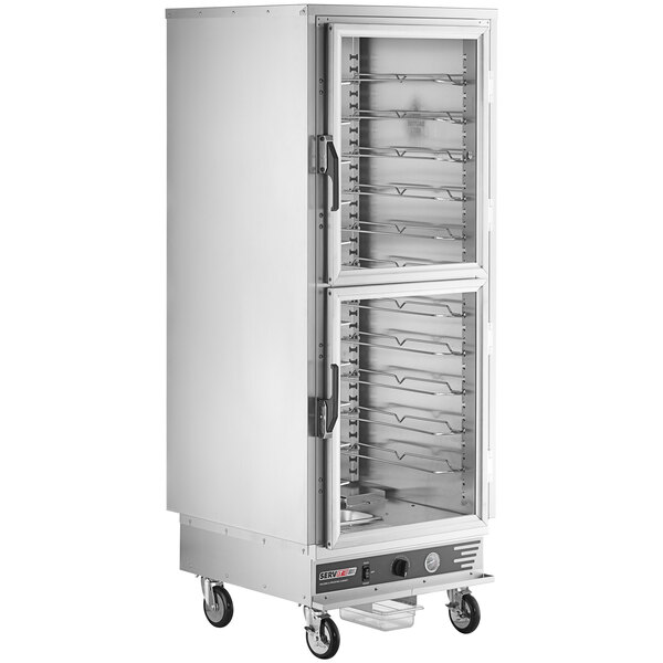 A large white holding and proofing cabinet with clear Dutch doors open.