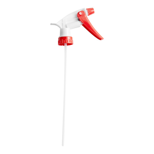 A red and white plastic sprayer with a red handle.