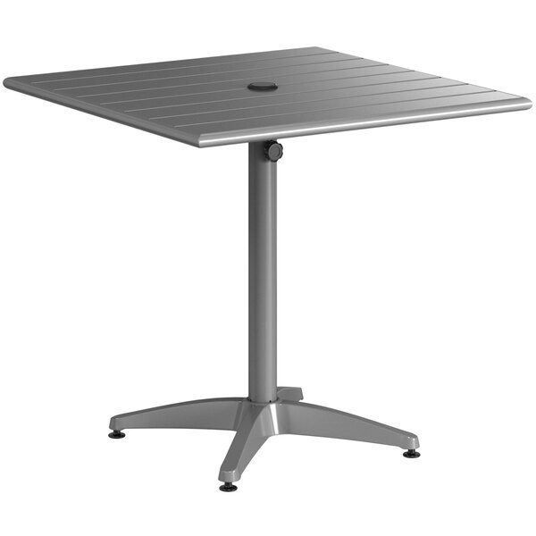 A matte gray powder-coated aluminum table with a metal base.