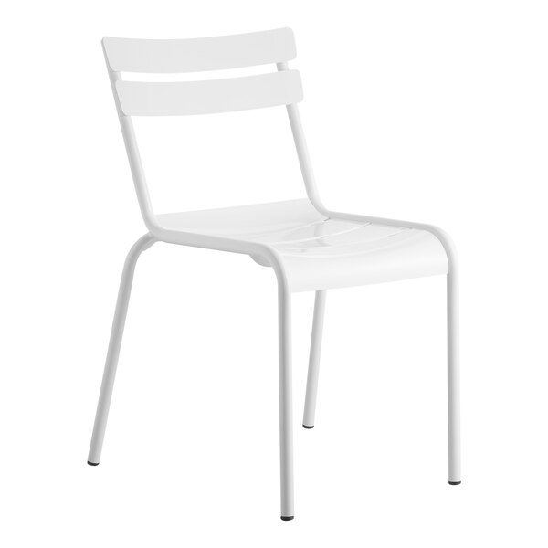 A white metal chair with a backrest.