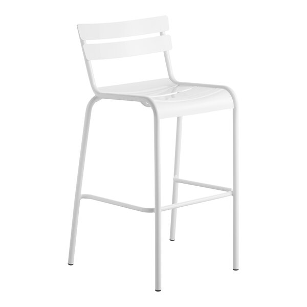 A white bar stool with a backrest and a white seat.