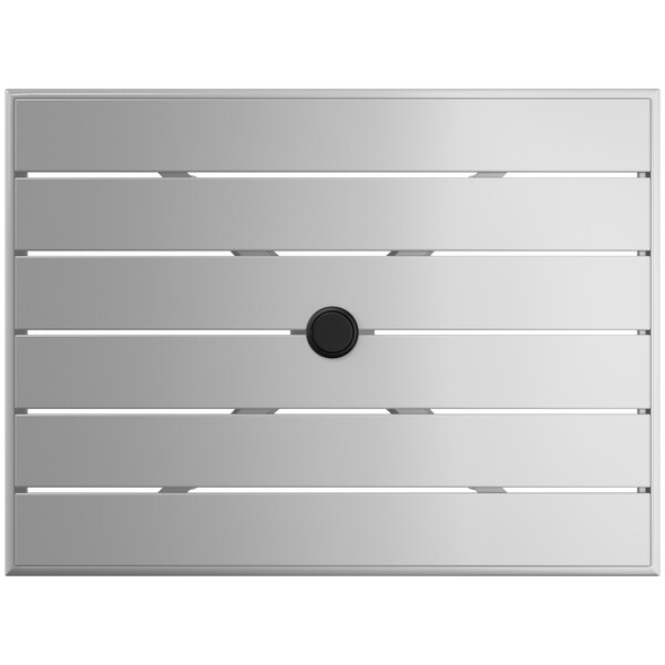 A white rectangular outdoor table with a black umbrella hole.