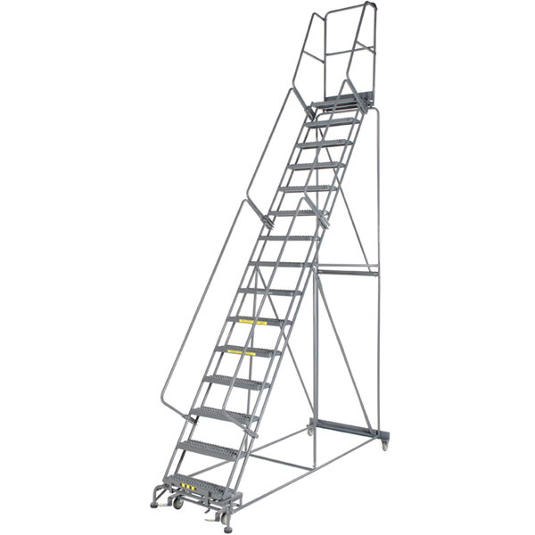 A Ballymore gray steel rolling safety ladder with wheels and a handrail.