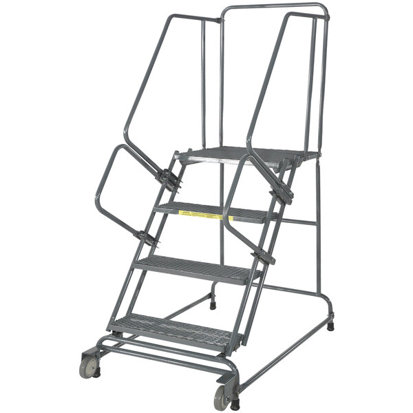 A gray Ballymore steel rolling ladder with 5 steps and wheels.