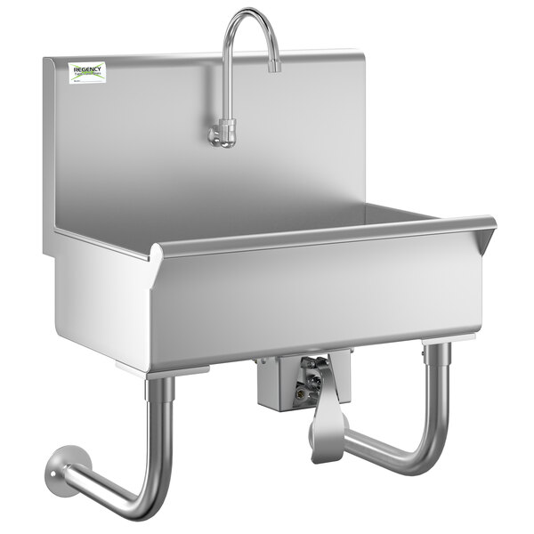 A Regency stainless steel hand sink with a knee operated faucet.