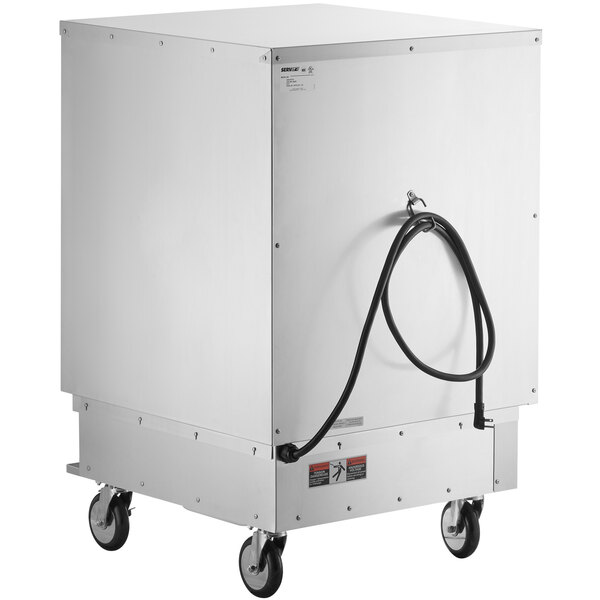 A white ServIt holding and proofing cabinet with a black hose.