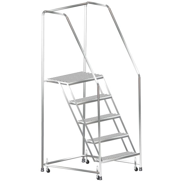 A Ballymore stainless steel rolling ladder with handrails and wheels.