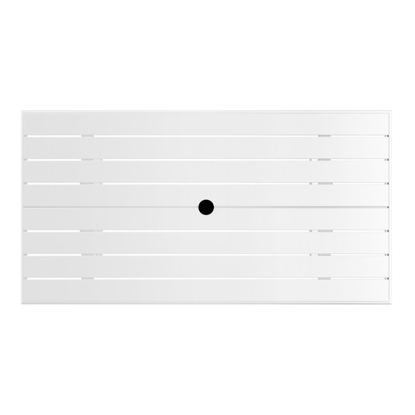A white rectangular Lancaster Table & Seating outdoor table with a black umbrella hole.