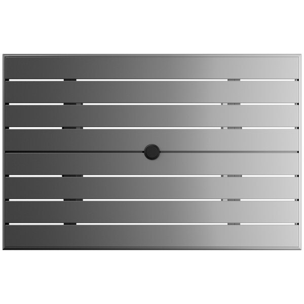 A grey rectangular Lancaster Table & Seating outdoor table with a black circle.