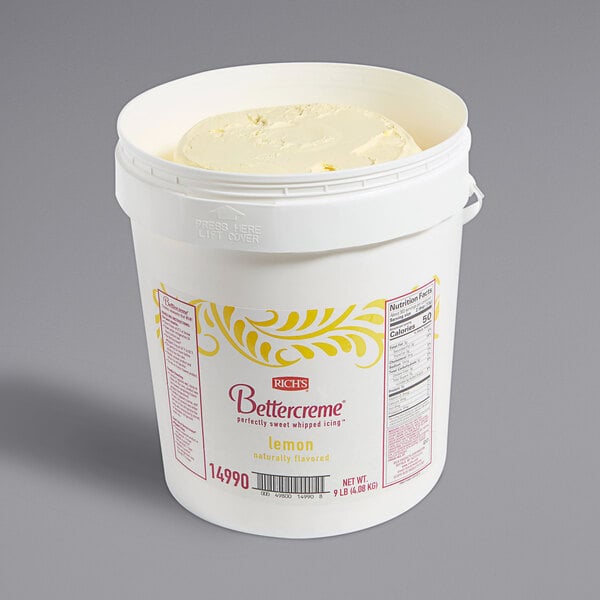 A white bucket of Rich's Bettercreme Lemon Whipped Icing.