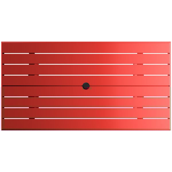 A red rectangular outdoor table with a black umbrella hole.