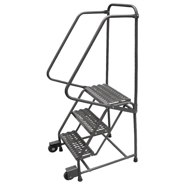 A gray metal Ballymore rolling safety ladder with 4 steps and wheels.