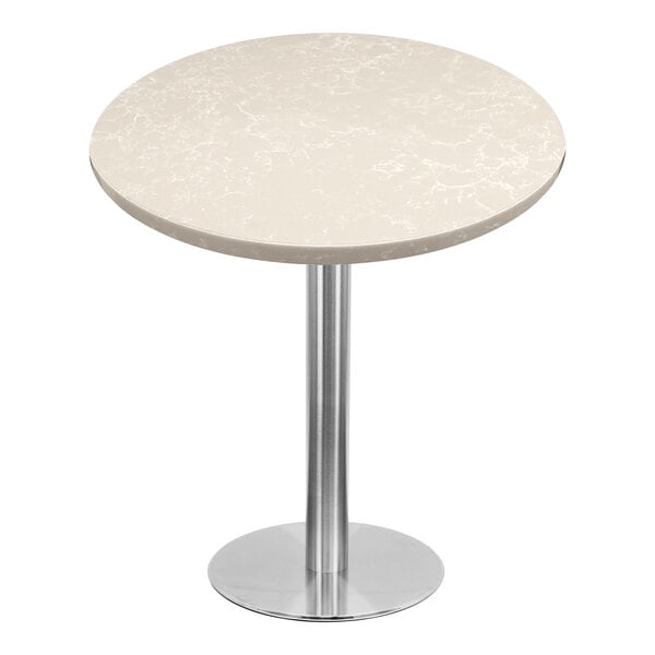 A round table with a gray quartz surface on a metal pole.