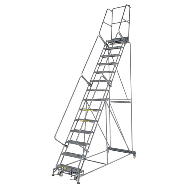 A Ballymore gray steel rolling ladder with wide steps and wheels.