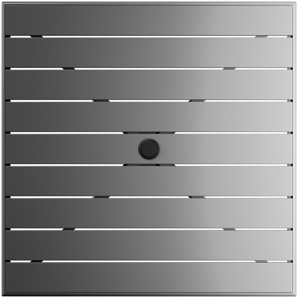 A square matte gray metal outdoor table surface with a black circle.