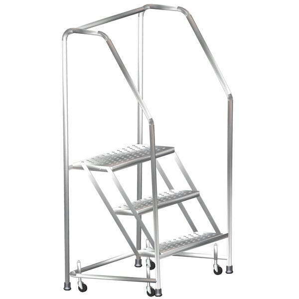 A Ballymore stainless steel rolling ladder with 3 steps, handrails, and wheels.