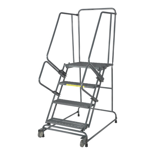 A gray steel Ballymore ladder with 4 steps and wheels.