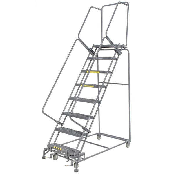 A Ballymore gray steel ladder with wheels.