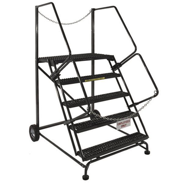 A black metal Ballymore rolling ladder with chains attached to it.