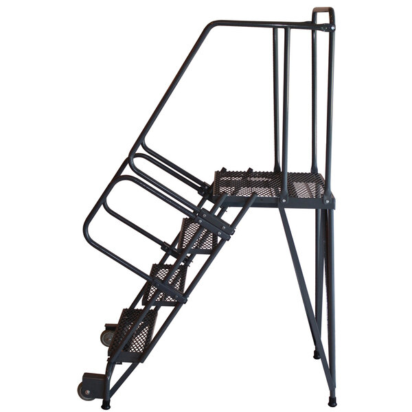 A Ballymore gray steel rolling ladder with 4 steps and wheels.