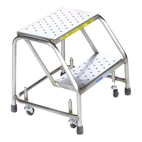 A Ballymore stainless steel rolling ladder with spring loaded casters.