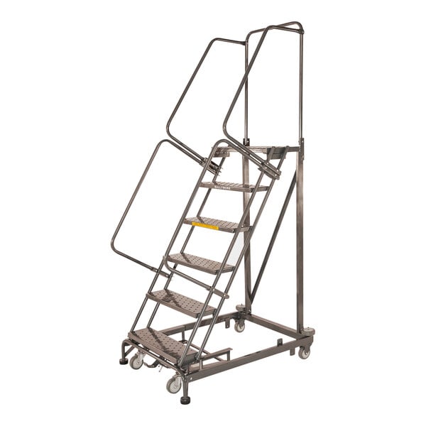 A gray steel Ballymore monster line rolling ladder with six steps and wheels.