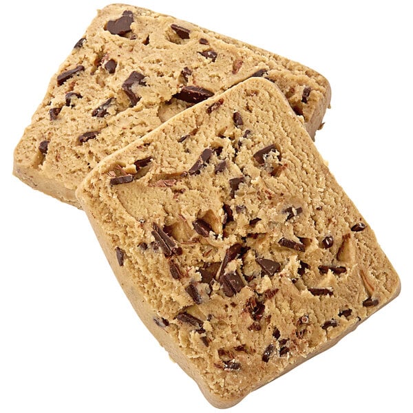 Two pieces of Rich's Chocolate Chunk Scone dough with chocolate chunks.