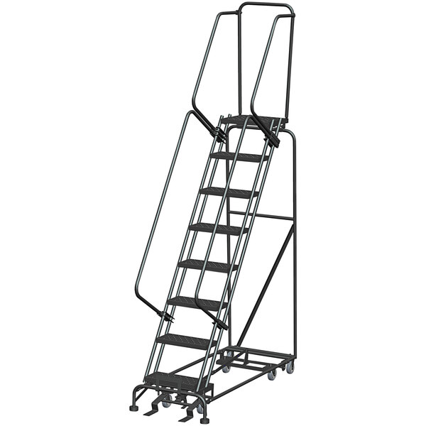 A gray steel Ballymore all-direction rolling ladder with black bars.