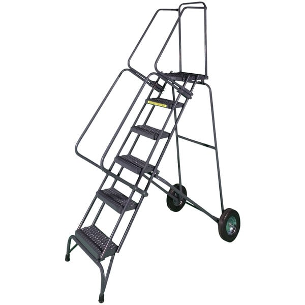 A gray steel Ballymore rolling ladder with 7 steps and wheels.